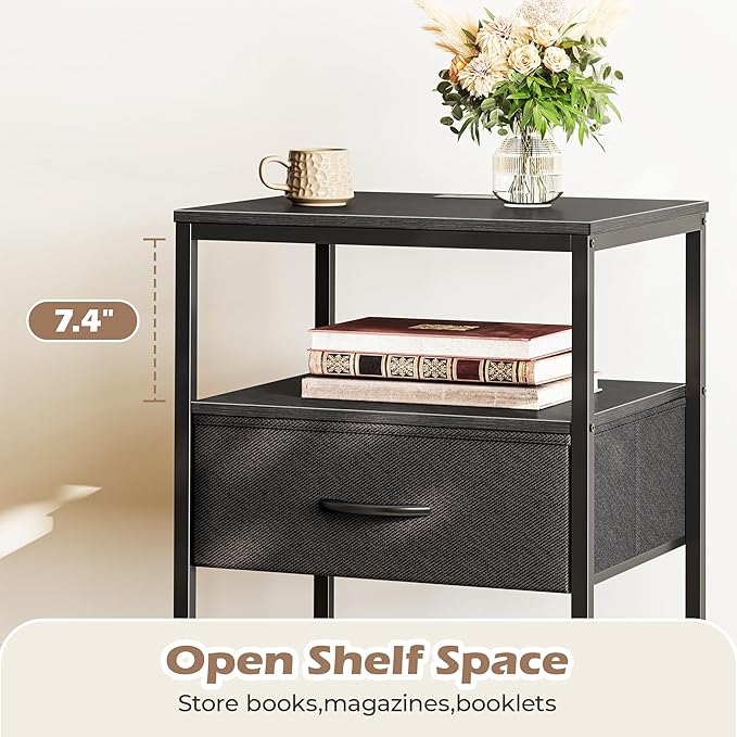 SUPERJARE Night Stand with Charger Station, 27.7 Inch Tall Nightstand with Adjustable Fabric Drawer, Bed Side Table, Fabric Drawer Dresser for Bedroom, Living Room, Black