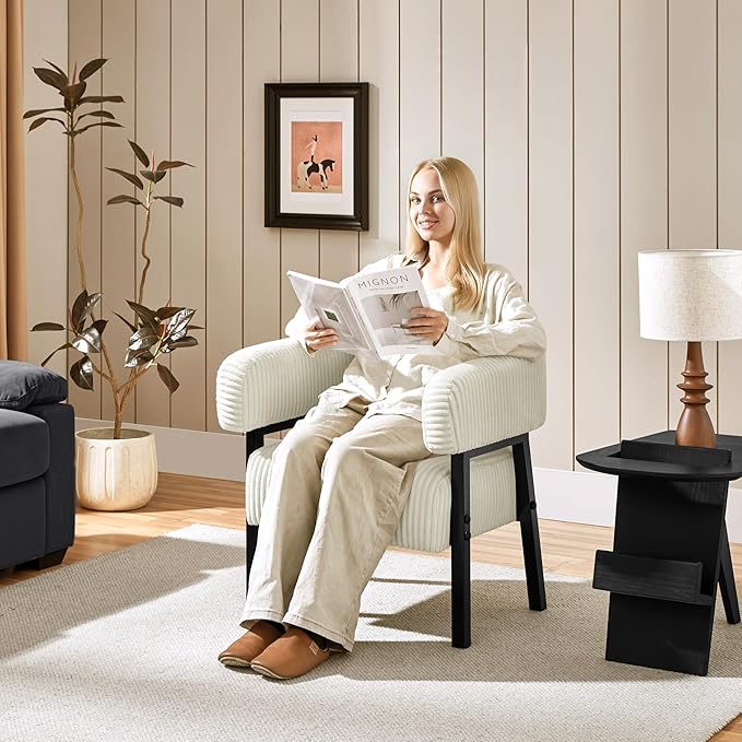 Yaheetech Corduroy Barrel Accent Chair Set of 2, Modern Upholstered Armchair with Solid Wood Legs, Cozy Leisure Chair with Pocket Coiled Seat for Living Room, Bedroom, Reading Nook Beige