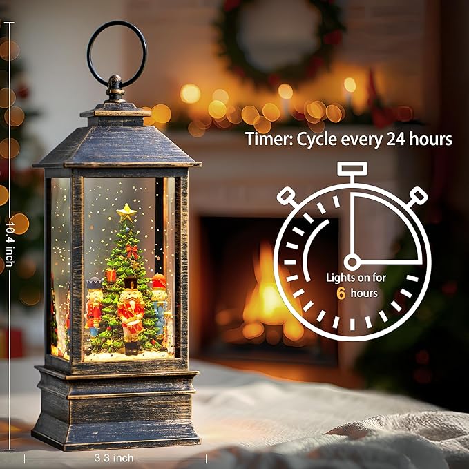 10.4" Christmas Snow Globe Water Lantern with Nutcracker Scene Battery Operated or USB Powered Musical Lighted Holiday Decoration for Tabletop Display for Family and Friends