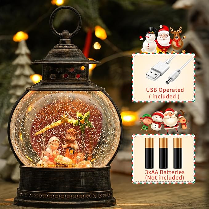 Christmas Nativity Snow Globe, 12" Musical Lighted Christmas Snow Globe Lantern, Christmas Nativity Set Indoor, Swirling Glitter Lanterns with Timer, Battery Operated/USB Powered Christmas Home Decor