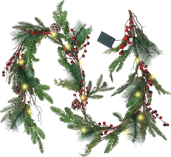 winemana 6 FT Pre-lit Artificial Christmas Garland with 20 LED Lights, Battery Powered with Pine Cones, Red Berries, Pine Needles, Lighted Christmas Garlands for Fireplace Mantle Holiday Decorations