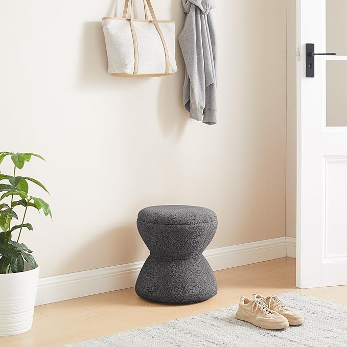 Multi-Functional Boucle Ottoman, Vanity Stool Chair, Sturdy Wooden Footstool, Suitable for Living Room, Bedroom, and Entryway, Without Installation, Dark Grey