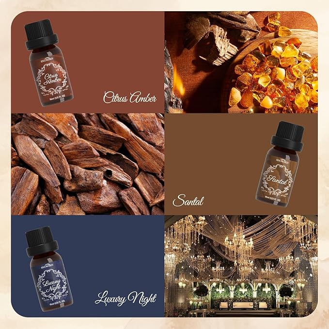 Fragrance Oils Hotel Set—Santal, Luxury Night, White Tea & Thyme, Gardenia Bloom, Dream Walk, Citrus Amber, Essential Oils for Diffuser, Candle & Soap Making, Luxury Diffuser Oils Scents