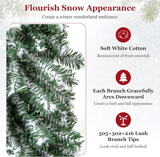 GOFLAME Set of 3 Pre-Lit Artificial Christmas Tree, Flocked Pencil Xmas Trees 4FT, 5FT and 6FT with Drooping Branches, Soft White Cotton, LED Lights, Holiday Decoration Tree for Home Office Party