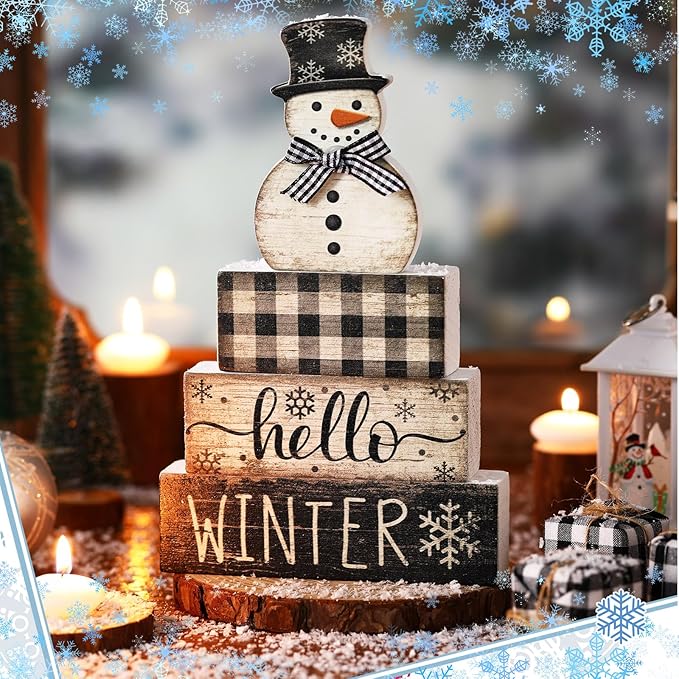4 Pcs Snowman Christmas Decor Winter Table Decorations Christmas Tiered Tray Decor Winter Centerpiece Decorations Indoor Rustic Wooden Snowman Block Sign Gift Farmhouse for Home Kitchen Shelf