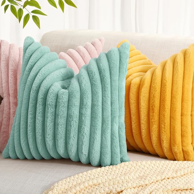 decorUhome Faux Fur Throw Pillow Covers 16x16 Set of 2, Decorative Soft Plush Striped Neutral Couch Euro Pillow Covers with Velvet Back for Sofa, Bed, Living Room Home Decor, Aqua