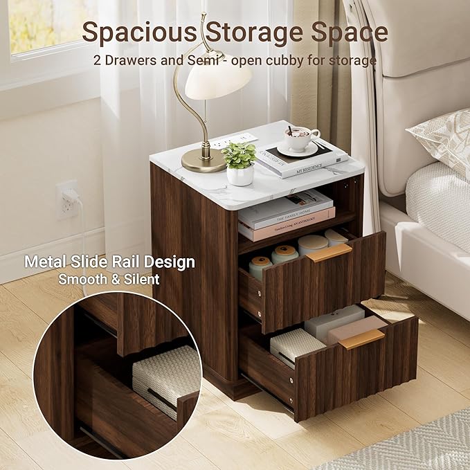 Fluted Nightstand Set of 2 with Charging Station, 18" Modern Night Stand with Faux Marble Top, 2 Drawers End Table with Storage, Bedside Table for Bedroom Living Room,Curved Profile(Walnut)