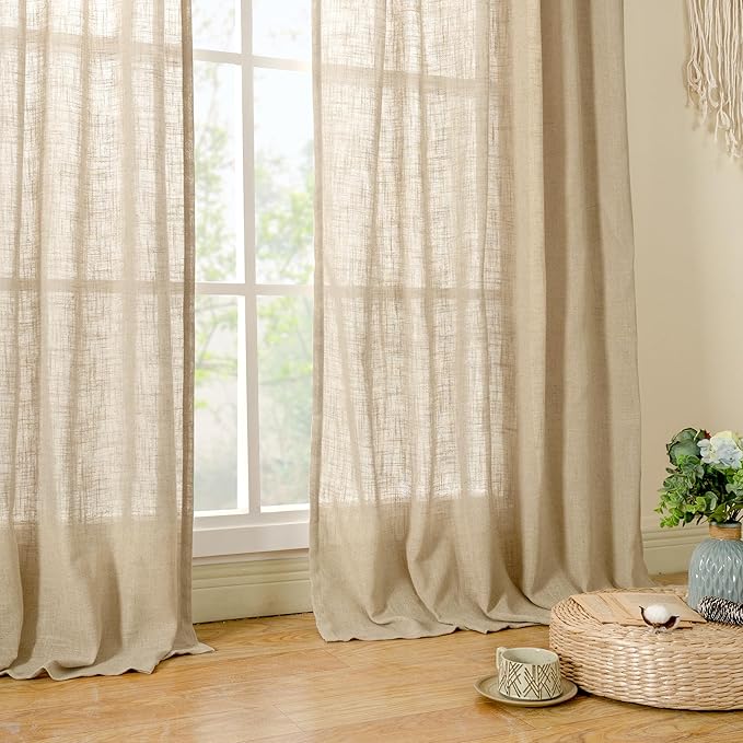 LAMIT 102 Inch Length Light Filtering Sheer Linen Curtains, Linen Textured Semi Sheer Back Tab and Rod Pocket Natural Boho Drapes for Living Room/Farmhouse, 2 Panels, Brown, 52 x 102 Inch