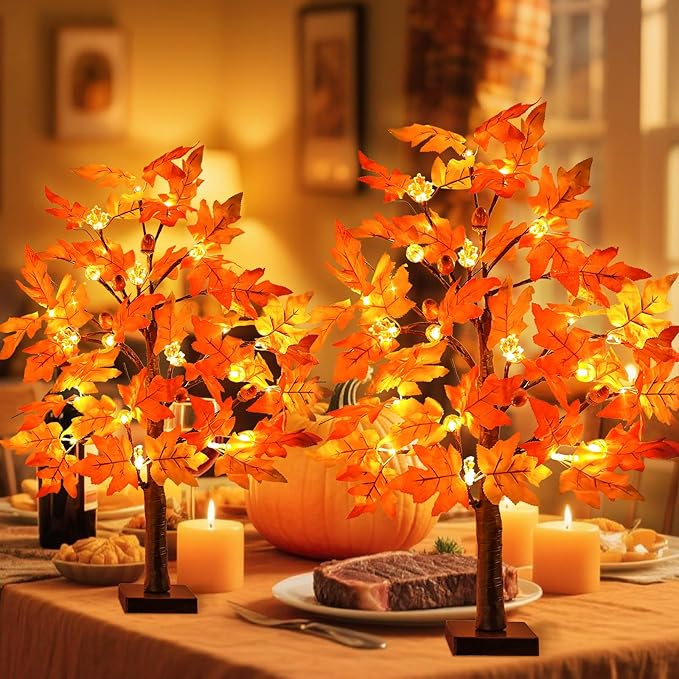 2 Pack 24 Inch Lighted Fall Tree for Fall Decorations with 48 LED Timer Battery Operated Tabletop Prelit Artificial Fall Light Up Tree for Home Indoor Outdoor Autumn Harvest Thanksgiving Table Decor