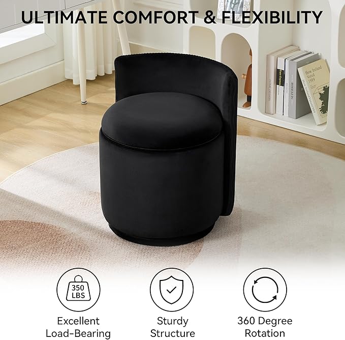 Velvet Vanity Chair with Storage, 360° Swivel Makeup Chair with Wave Back, No Assembly Small Accent Stool for Bedroom, Dressing, Living Room, Black