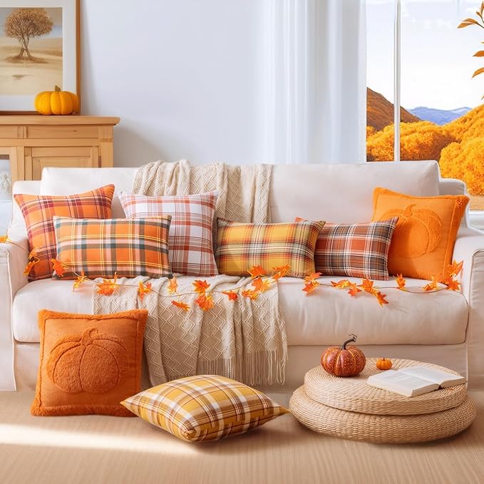 Fall Plaid Orange White Throw Pillow Covers 20x20 Inch, Set of 2 Autumn Decorative Throw Pillows for Couch Sofa Bed Living Room Home Decor, Accent Pillow Cases for Farmhouse Couch Cushion Covers