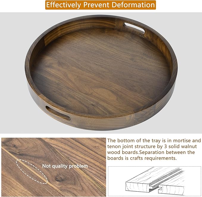 26 x 26 inches Extra Large Round Ottoman Table Tray, Wooden Solid Black Walnut Circle Platter Decorative Serving Tray with Handle for Oversized Ottoman Home Breakfast in Bed Tea Coffee