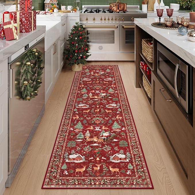 Lahome Christmas Runner - 2x8 Red Rug for Hallways, Kitchen, Bathroom - Non Slip, Washable - Soft Christmas Tree Santa Claus Carpet for Entryway, Bedside - Holiday Decor (2'x8', Red)