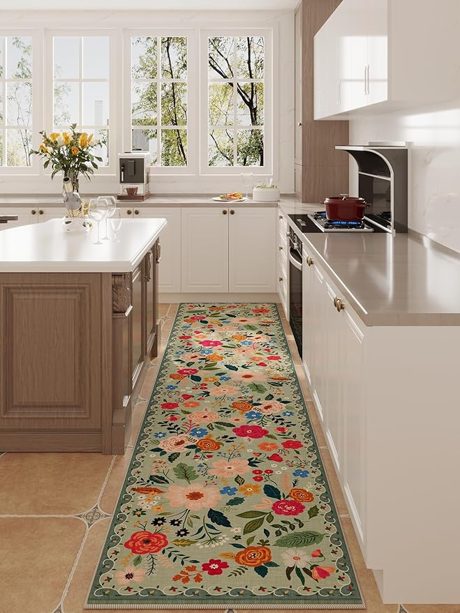 Rugcomf Runners for Hallways Kitchen Runner Rug Non Slip 2'x 10' Long Washable Rugs with Rubber Backing Soft Floral Carpet Runner for Hallways, Kitchen, Laundry, Bedroom, Bathroom(Green)