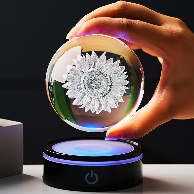 3D Crystal Ball Statue with LED Color Changing Base, Suitable for Daughters, sons, Mothers, Girlfriends, Birthdays, Friends, Colleagues, Wives' Gifts, Love Sunflower Ornaments and Decorations