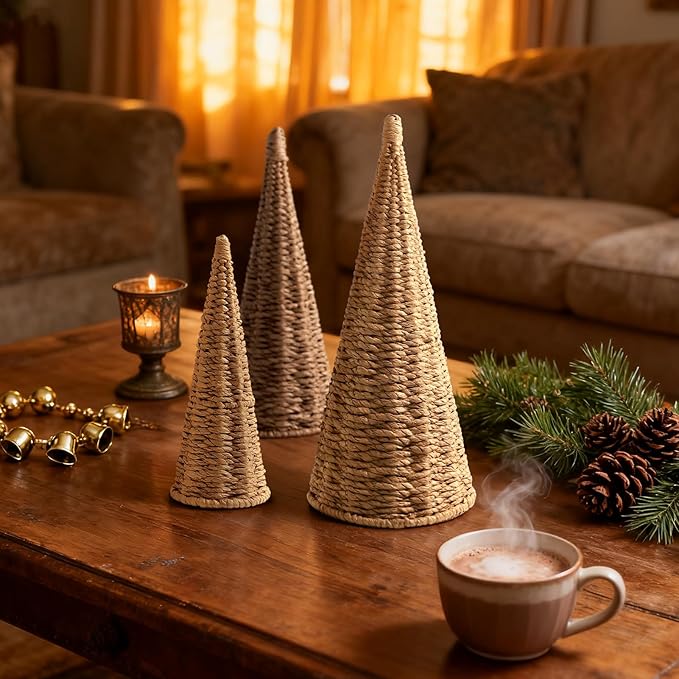 3pcs Natural Woven Christmas Trees Decor, Artificial Christmas Tree Decorations for Home Party Table Village Craft Indoor Outdoor Vintage Christmas Decor(Khaki+Dark Khaki+Natural)