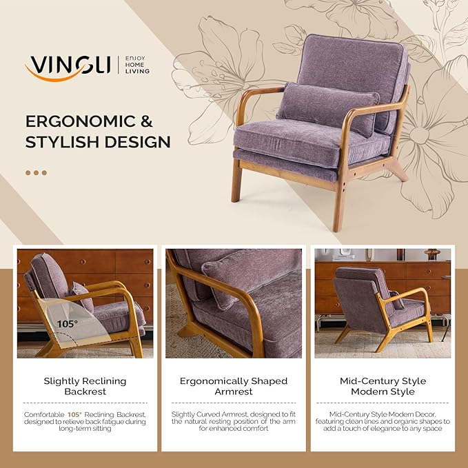 VINGLI Chenille Mid-Century Modern Accent Chair Set of 2, Cute Reading Arm Chair with Cushion & Lumbar Pillow & Solid Wood Frame for Lounge, Living Room, Reading Room, Bedroom, Light Purple