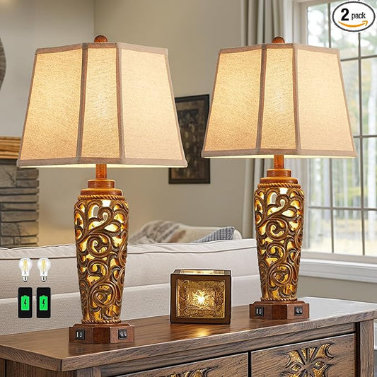 27" Set of 2 Farmhouse Table Lamps for Living Room Bedroom, Rustic Bedside Lamp with USB A+C Ports, Red Brown Resin Vintage Nightstand Lamps with Night Light, 2 Bulbs Include