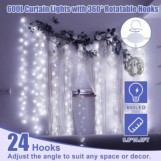 600LED White Curtain Lights for Bedroom, 19.6ft x 9.8ft Fairy Curtain String Light with 24 Hooks, 8 Modes Hanging Lights for Wedding, Party, Backdrop, Window, Xmas Decor