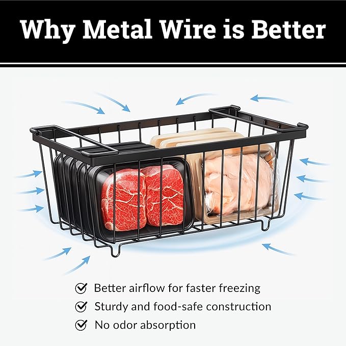Deep Chest Freezer Organizer Bins – 4-Pack Stackable Chest Freezer Baskets with Dividers, Metal Wire Storage for Frozen Meat, Food – Fits 5–7 Cu Ft Deep Freezer, Kitchen Organization Set, Black, White