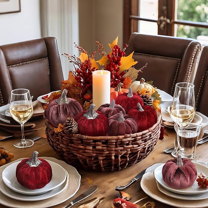12pcs Velvet Fake Pumpkins Fall Decor Faux Small Foam Fabric Pumpkin for Autumn Table Centerpiece Party Farmhouse Harvest Thanksgiving (Dark Red/Mulberry)