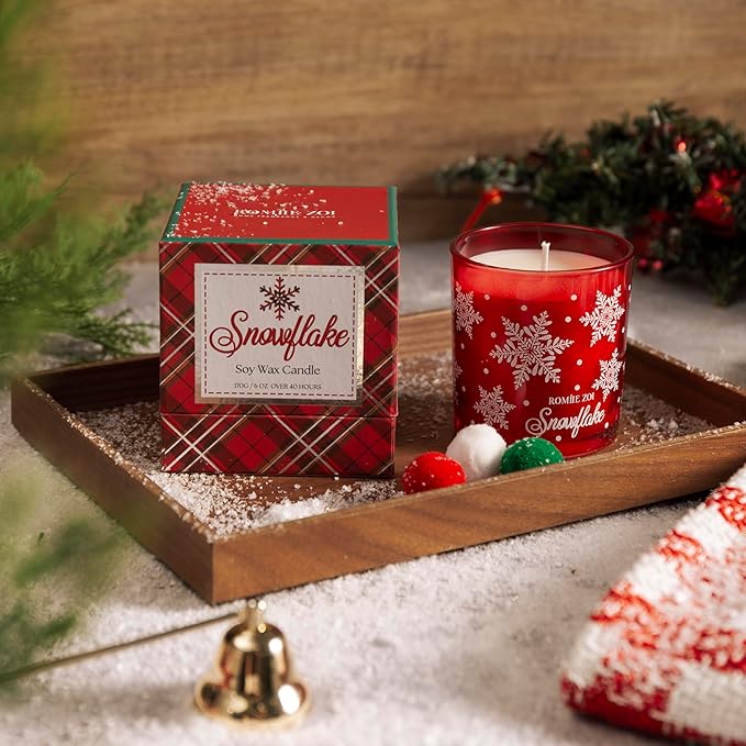 ROMIIE ZOI Christmas Scented Candle - 6oz Soy Wax Candle, Snowflake, Infused with Frosty Snow & Pine Aroma - Scottish Plaid Red and Green Gift Box for Holiday Season Gift