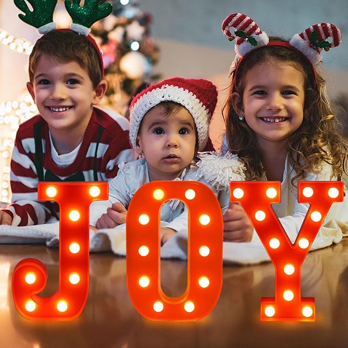 Christmas Table Decorations with LED Lights, Resin Joy Centerpiece for Holiday Party Home Table Decor Christmas Decorations