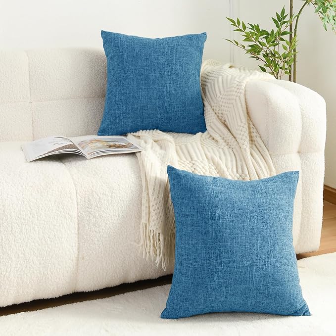 JIUZHEN 18x18 Inch Light Blue Faux Linen Pillow Covers Set of 2, Coastal Farmhouse Cushion Covers for Bedroom Sofa, Washed Texture Zipper Closure