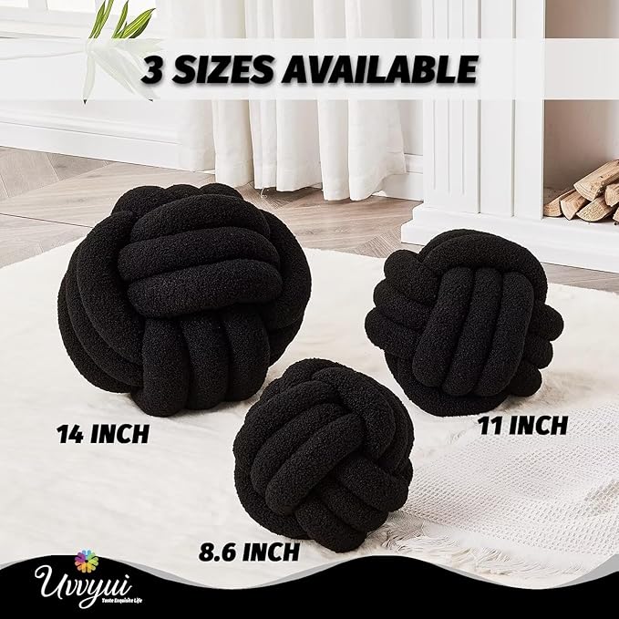 Uvvyui Knot Pillow Ball, Soft Home Decorative Pillows, Round Throw Pillow, Handmade Knotted Plush Pillow, Round Boucle Pillow Cushion (8.6 Inches Black)