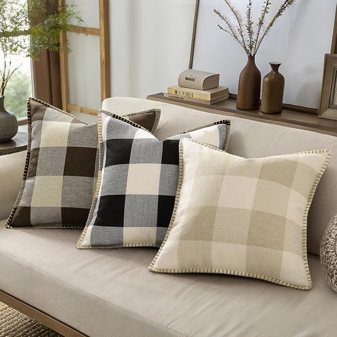 decorUhome Christmas Buffalo Plaid Check Throw Pillow Covers 16x16 Set of 2, Outdoor Linen Decorative Farmhouse Gingham Pillow Covers with Stitched Edge for Bed Couch Sofa, Black and White
