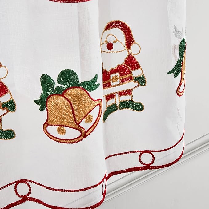 Deconovo Christmas Kitchen Tier Curtains, Embroidered Cafe Tiers, Semi Sheer Window Treatment with Rod Pocket, Light Filtering for Small Windows, Door & Sink Areas, 28W x 24L, Santa Claus, 2 Panels