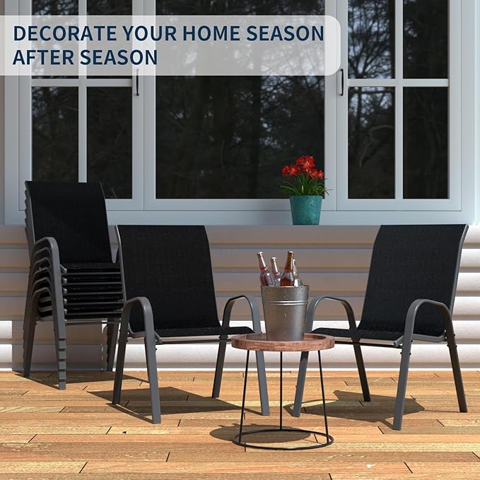 Amopatio Patio Chairs Set of 8, Outdoor Stackable Dining Chairs for All Weather, Breathable Garden Outdoor Furnitures for Backyard Deck, Black