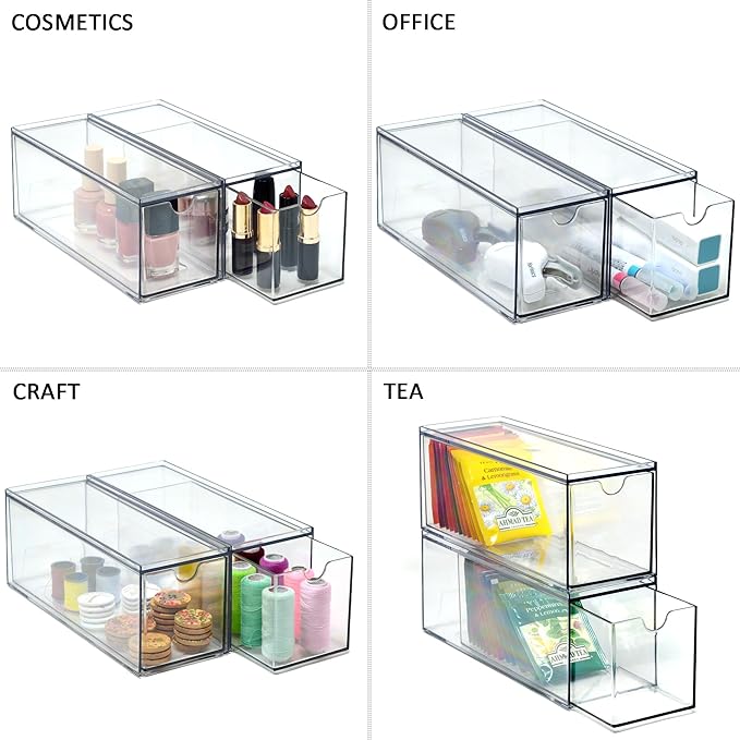 Youngever 3 Drawers Plastic Kitchen Pantry Stackable Storage Organizer, Plastic Tea Packet Organizers, Stackable Tea Bag Holder, 9" x 3" x 3.5"