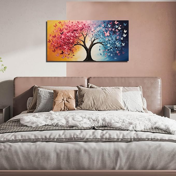 GUGIKA Tree Wall Art for Living Room, Pink Gold and Blue Butterflies Canvas Wall-Decor for Bedroom, Natural Picture Print for Hallway, Size 40x20 Inches
