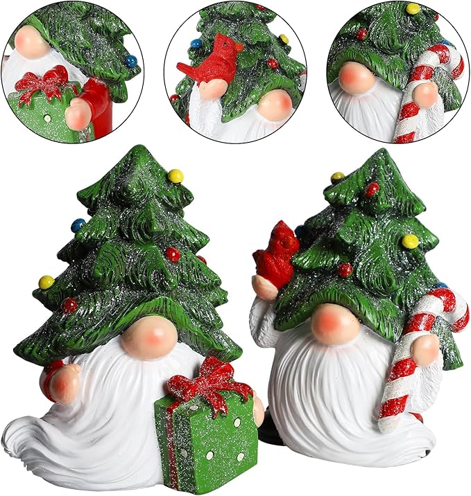 MorTime Set of 2 Christmas Gnomes Table Decorations, Resin Gnome with Gift Box Xmas Tree Snowflake Centerpieces for Desk Shelf Fireplace Winter Holiday Christmas Decor