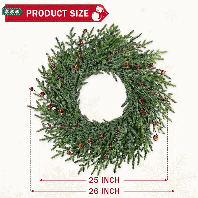 26 Inch Christmas Wreaths for Front Door with Red Berry Real Touch Large Artificial Xmas Winter Pine Cedar Wreaths for Windows Outdoor Christmas Home Yard Farmhouse Wall Front Door Porch Hanging Decor