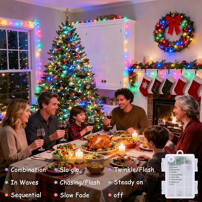 JMEXSUSS Multicolor Christmas Lights Battery Operated with 8 Modes Remote Waterproof, 33ft 100 LED Battery Christmas Lights Indoor Outdoor for Tree Home Party Room Garden Decor