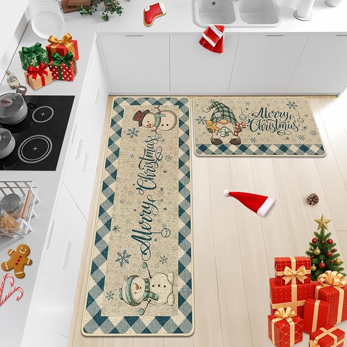 Christmas Snowflake Gnome Kitchen Rugs and Mats Non Skid Washable Set of 2, Winter Snowman Xmas Kitchen Mats for Floor Decor