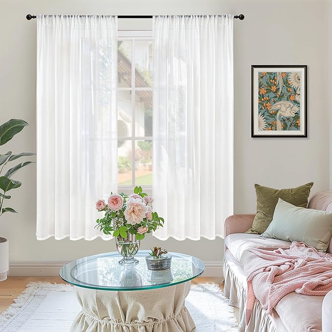 BGment White Semi Sheer Linen Curtains 63 Inch Length for Living Room 2 Panels Set - Rod Pocket Natural Textured Light Filtering Window Drapes for Bedroom Lightweight Rustic, 42 X 63 Inch