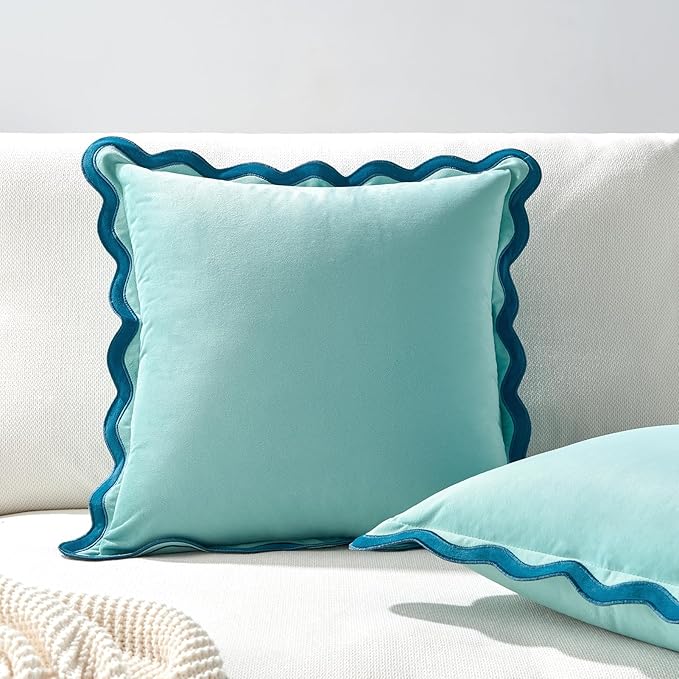 MONDAY MOOSE Decorative Throw Pillow Covers Cushion Cases, Set of 2 Soft Velvet Scalloped Wavy Edge Designs, Mix and Match for Home Decor, Pillow Inserts Not Included (Blue/Light Blue, 22x22 inch)