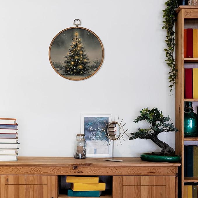 KSDUT Vintage Christmas Wall Decor Art - Retro Christmas Tree Wall Art Canvas Frame Hanging Prints, Merry Xmas Holiday Round Wall Art Decor for Home Farmhouse Decorations 10"x10"