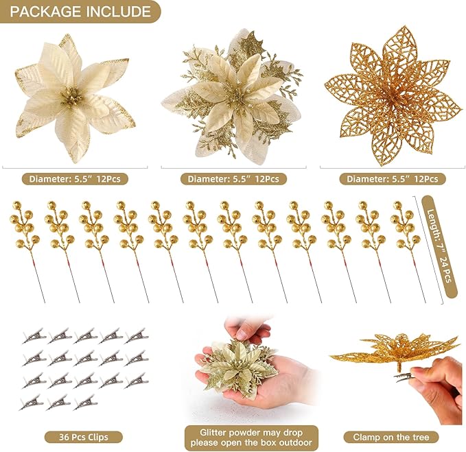 Floweroyal 60pcs Poinsettia Artificial Christmas Flowers Decorations with Clips and Berry Stems Glitter Ornaments for Christmas Tree Wreath Fireplace Stairs Decor (Gold-3 Styles)