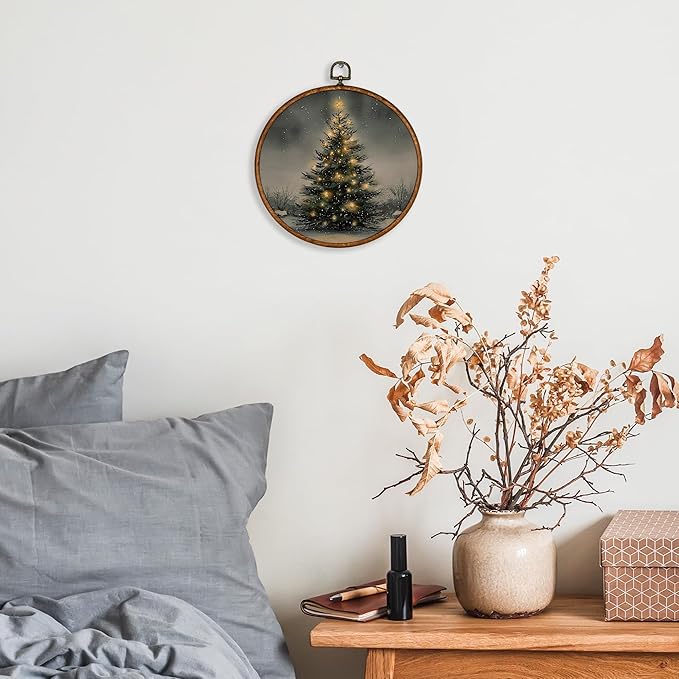 KSDUT Vintage Christmas Wall Decor Art - Retro Christmas Tree Wall Art Canvas Frame Hanging Prints, Merry Xmas Holiday Round Wall Art Decor for Home Farmhouse Decorations 10"x10"
