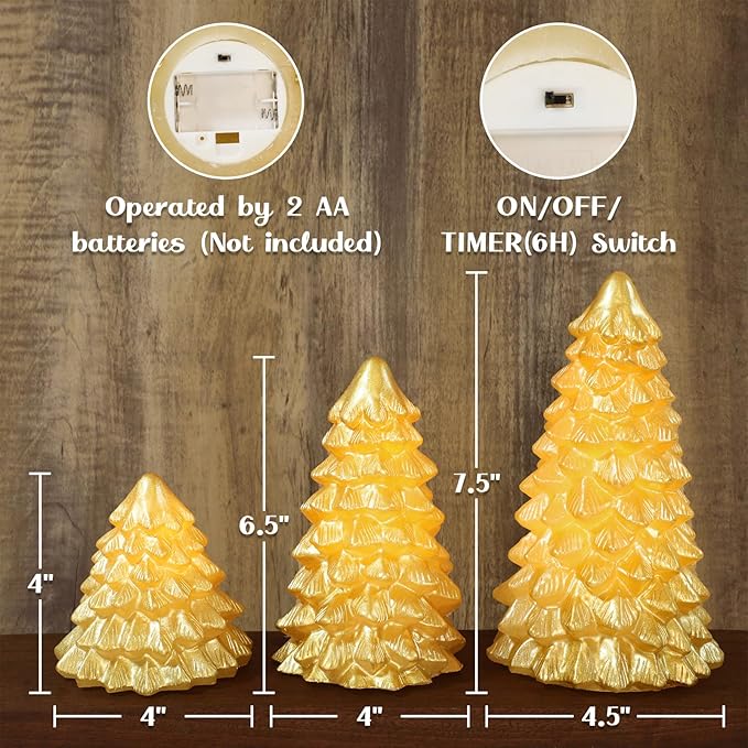 Christmas Flameless Candles Gold Christmas Tree Tabletop Flickering LED Warm Light Battery Operated Candle with Remote Lighted Xmas Tree Figurines for Fireplace Home Decor Indoor Holiday Gifts