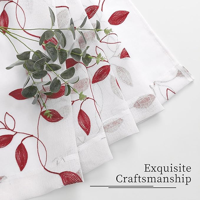 Tollpiz Burgundy Red Leaf Sheer Tier Curtains Leaves Embroidered Kitchen Short Curtain Rod Pocket Voile Bathroom Curtains for Cafe, 30 x 24 inches Long, Set of 2 Panels