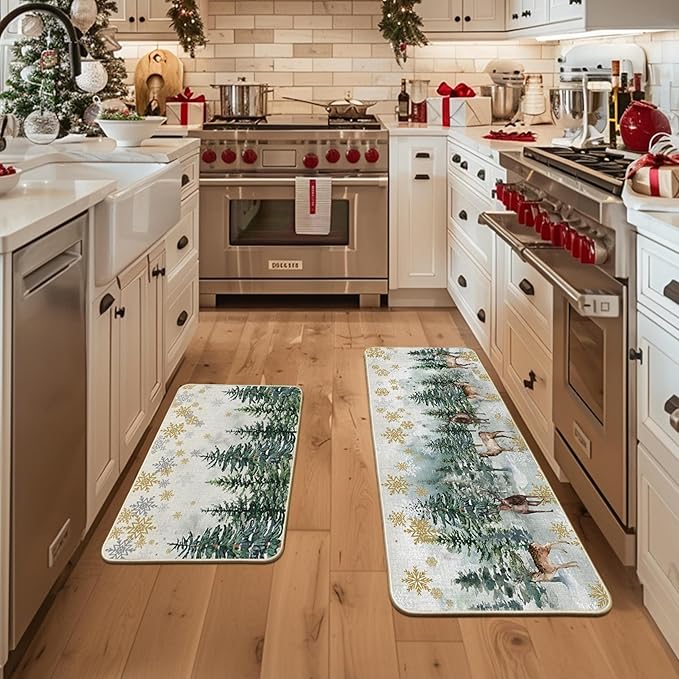 Artoid Mode Xmas Trees Deer Snowflakes Christmas Kitchen Mats Set of 2, Winter Home Decor Low-Profile Kitchen Rugs for Floor - 24x35 and 24x59 Inch