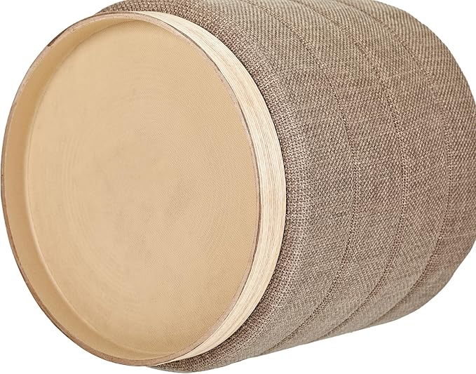 Round Ottoman with Storage โ Elegant Durable Linen Upholstered Footrest Bench for Living Room, Cylinder Vanity Stool โ Brown