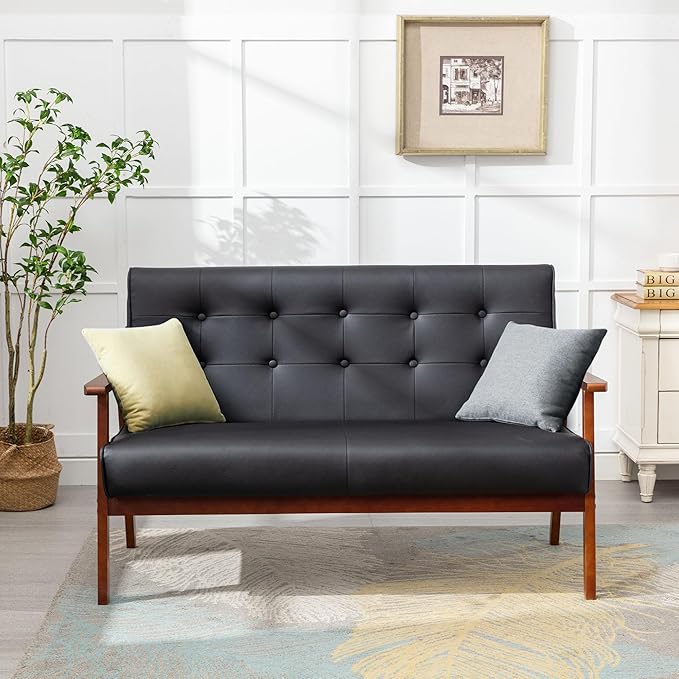 STHOUYN Black Small Leather Couch for Office, Booth Seating 2 Person Waiting Room Bench Couch, Mid Century Modern Loveseat Wood Sofa (Black)