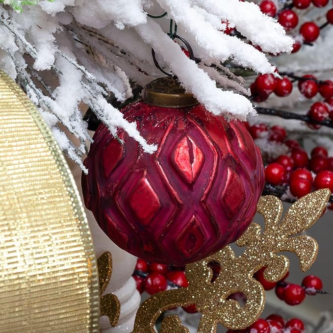 AuldHome Design Farmhouse Ball Ornaments (Set of 6, Red); Distressed Metal Glass Ball Vintage Style Christmas Decorations
