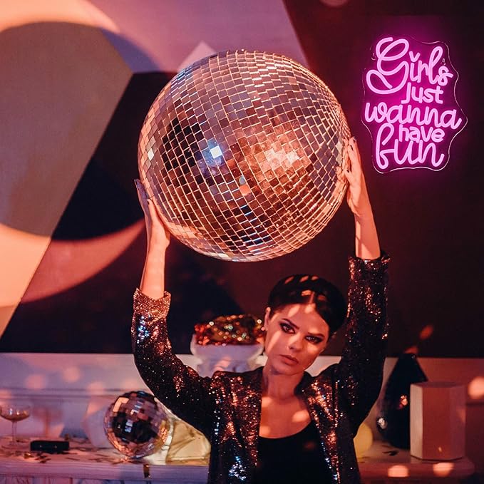 Girls Just Wanna Have Fun Neon Sign 80's Party Decoration Retro Pink LED Neon Light Sleepover Party Girl Neon Signs for Wall Decor,for Bedroom Wedding Christmas Birthday (have fun)